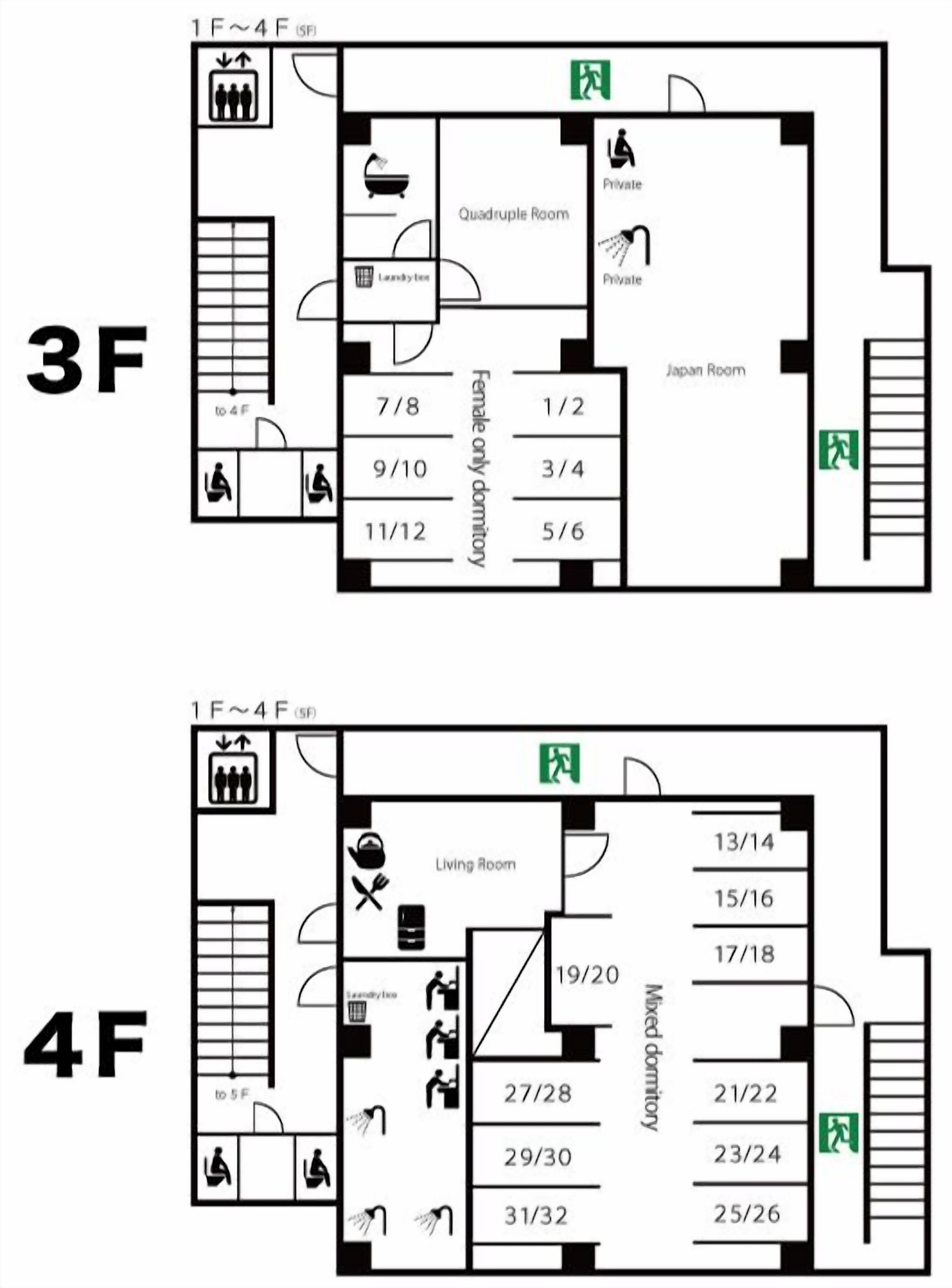 Plattegronden van hotelkamers 3F en 4F, inclusief badkamer, woonkamer en slaapkamerindeling.