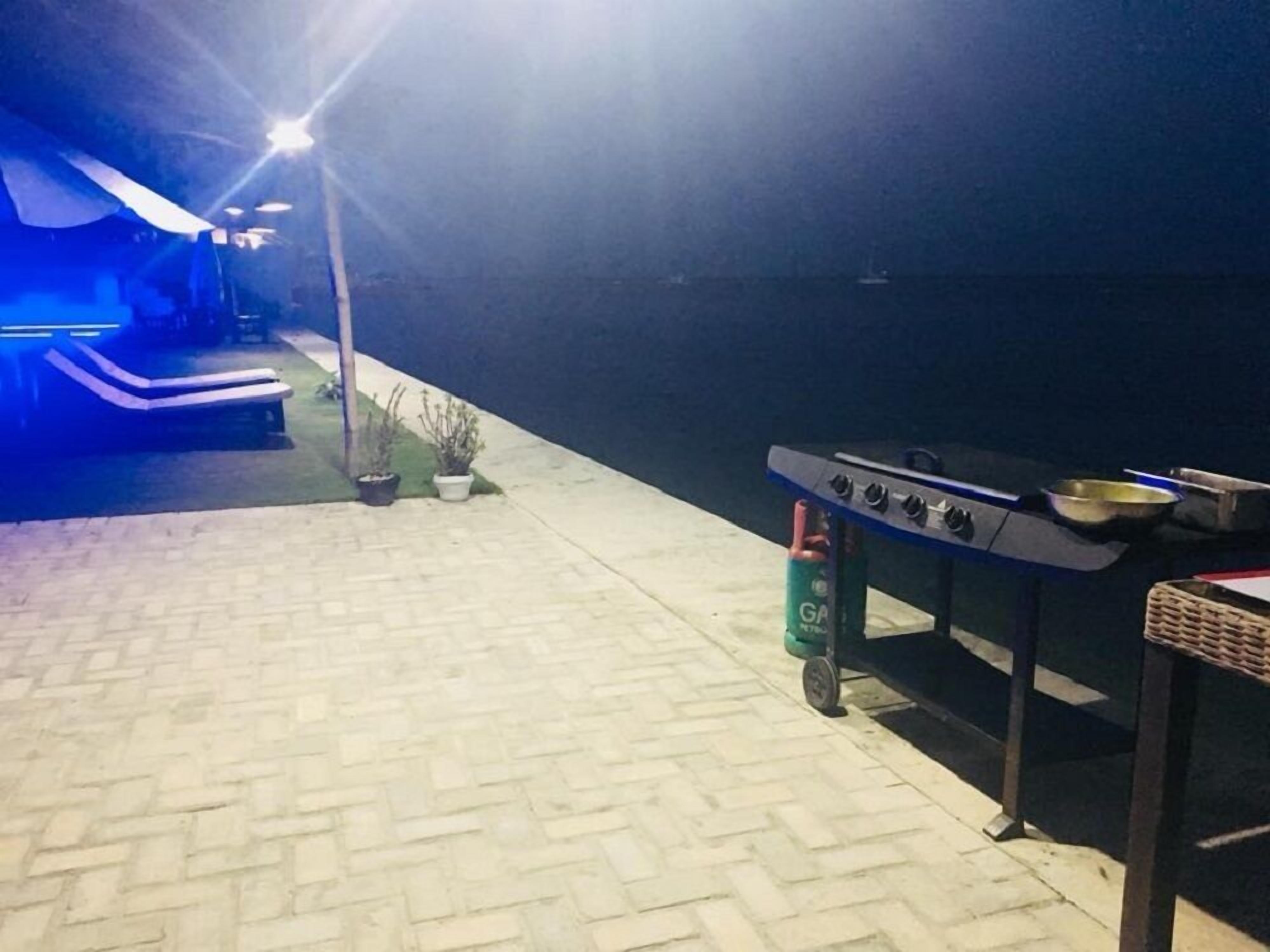 A patio area with a barbecue grill, potted plants, and a tent.