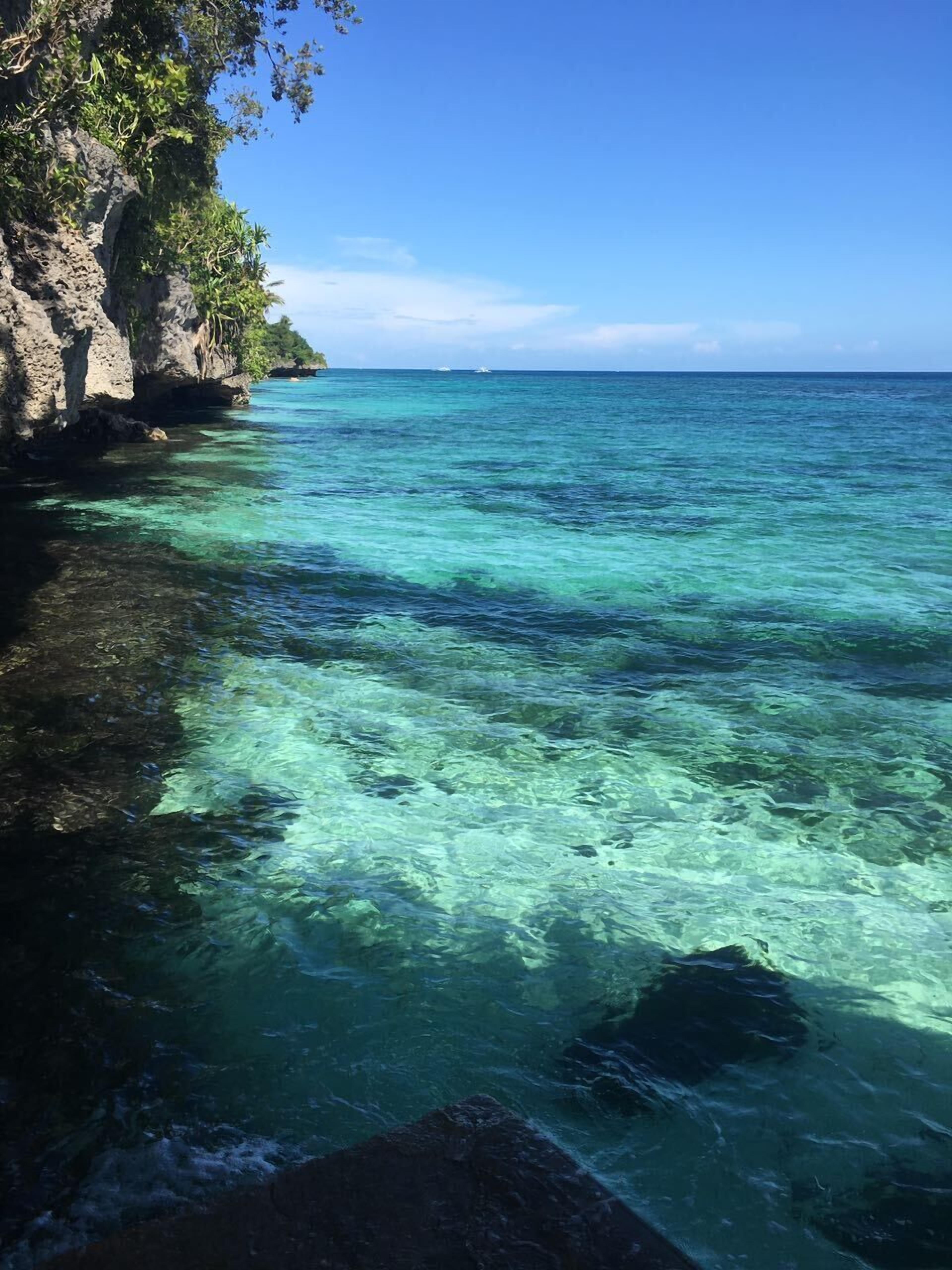 A coastal scene with clear turquoise waters, rocky cliffs, and lush greenery.