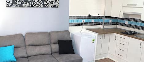 Fridge, microwave, stovetop, coffee/tea maker