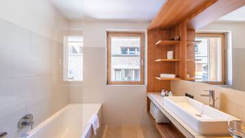 Hair dryer, towels, soap, toilet paper
