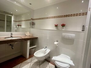 Shower, hair dryer, bidet, towels