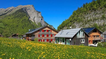 A mountain village with traditional wooden houses, a field of yellow flowers, and a prominent cliff in the background.