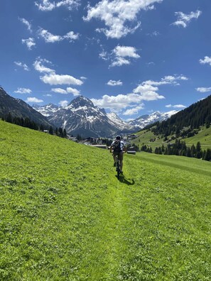 Un cycliste sur une colline herbeuse, avec des montagnes en arrière-plan.