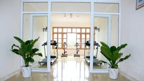 Una habitación limpia y bien iluminada con equipo de ejercicio, ventanas grandes y plantas en macetas.
