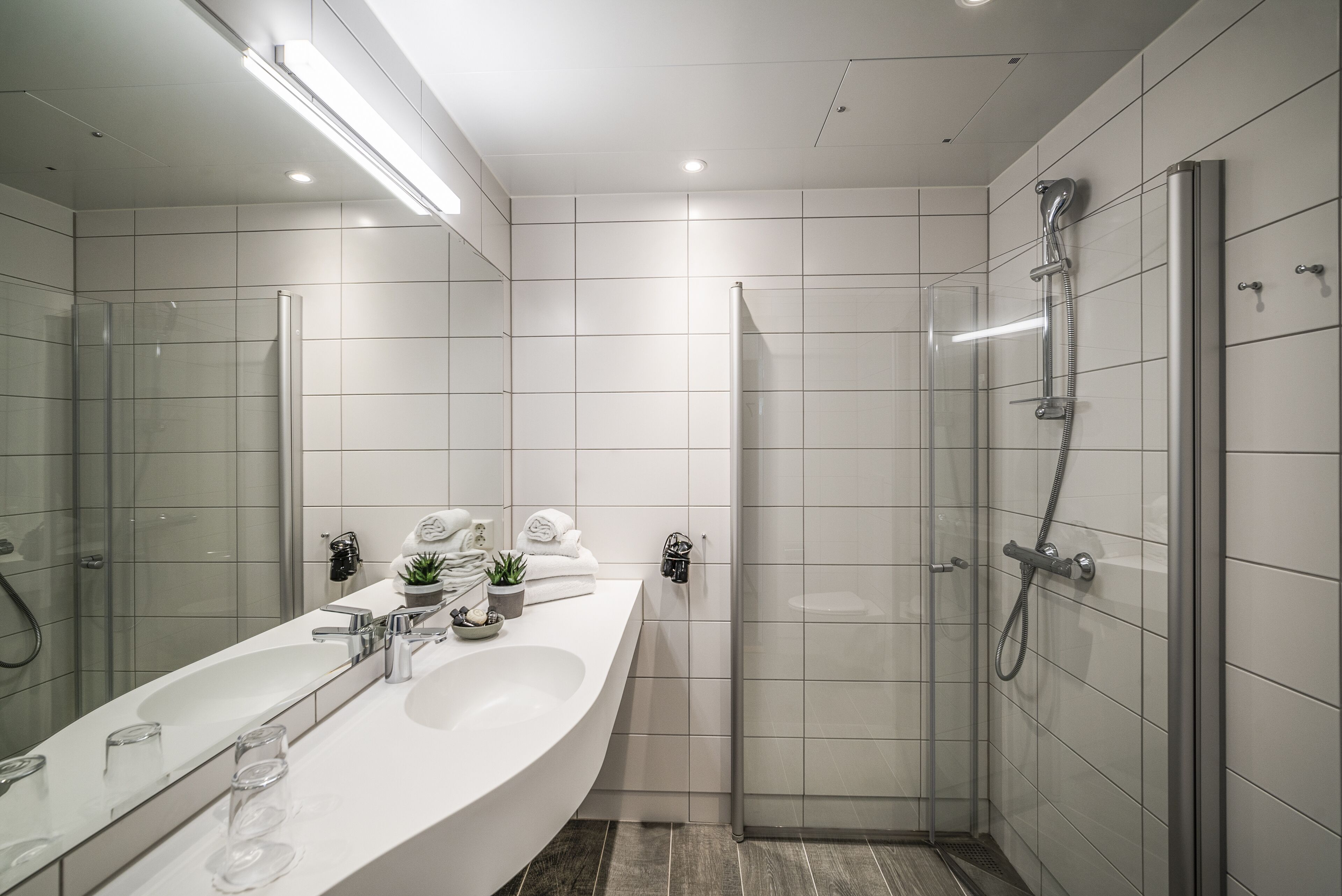 shower, free toiletries, hair dryer, towels