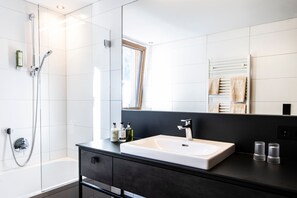 Douche, séchoir à cheveux, serviettes fournies, savon