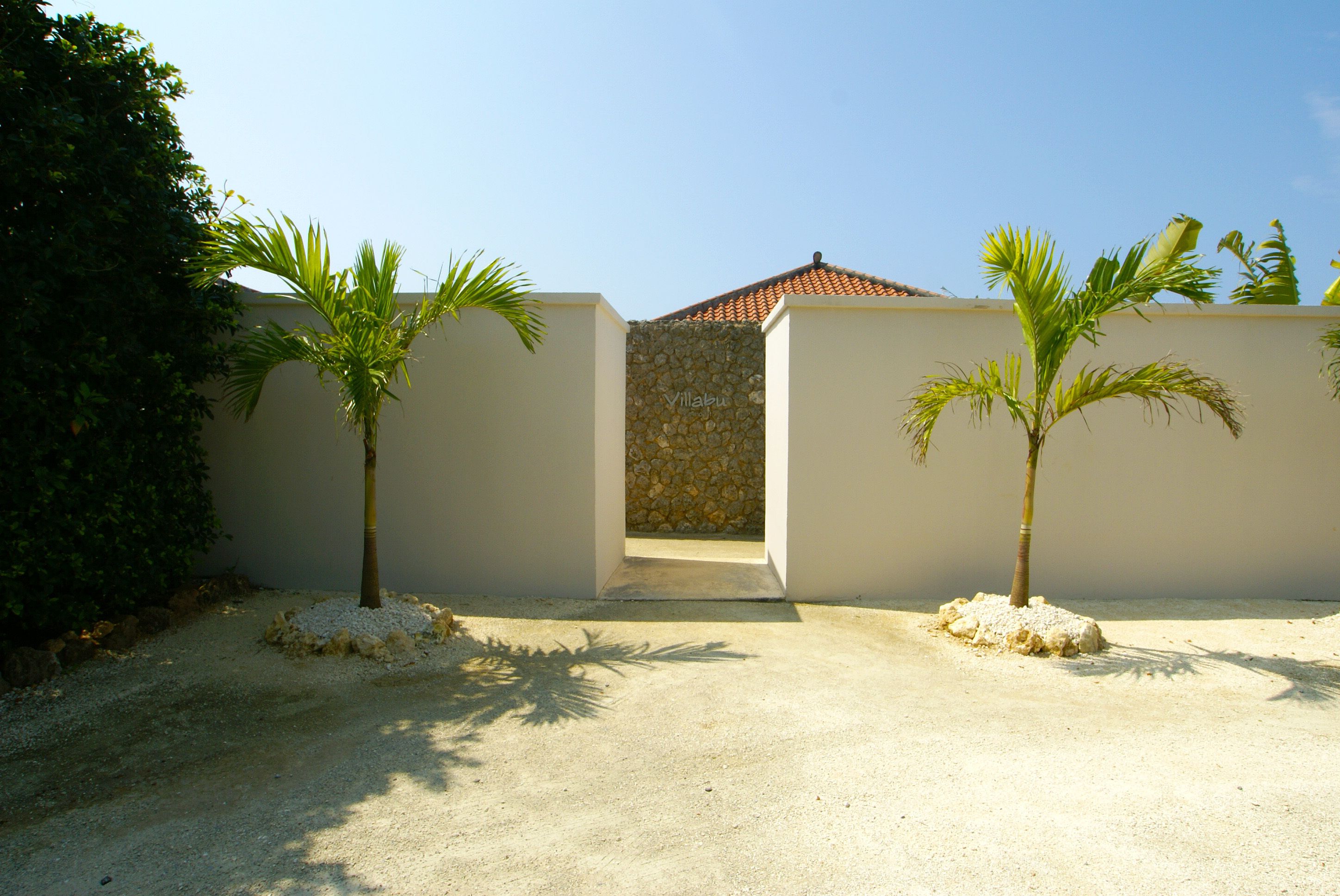 A gated entrance with palm trees and a stone wall.