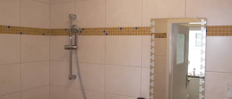 Regadera, secadora de cabello, jabón, papel de baño