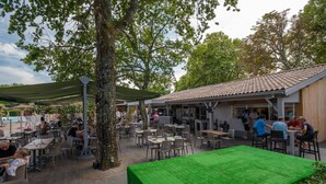 Un área de comedor al aire libre con mesas y sillas, rodeada de árboles y cubierta por un toldo verde.