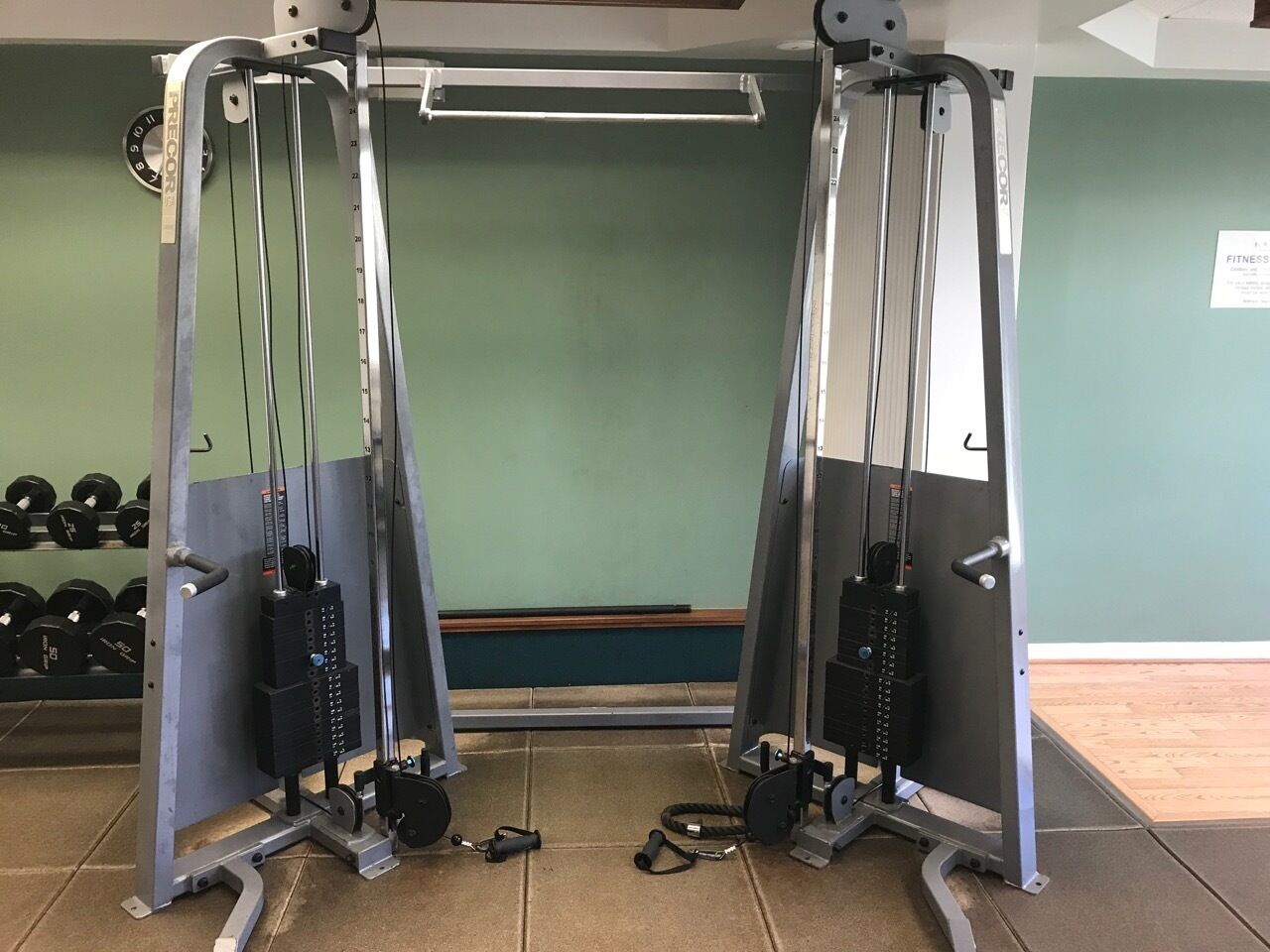 Une salle de sport équipée de deux supports à squats, de poids et d’un banc.