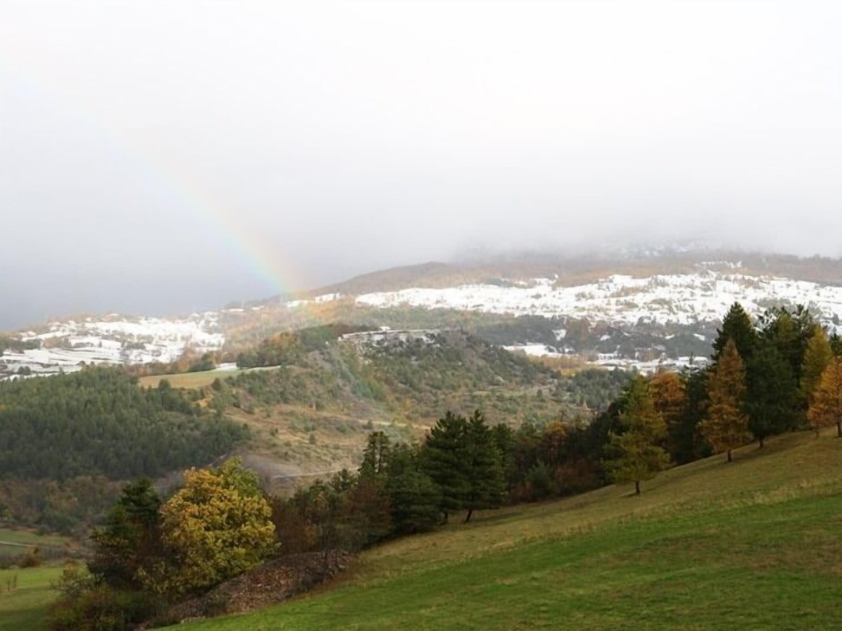 A rural landscape with a rainbow, snow-covered hills, and a line of trees.