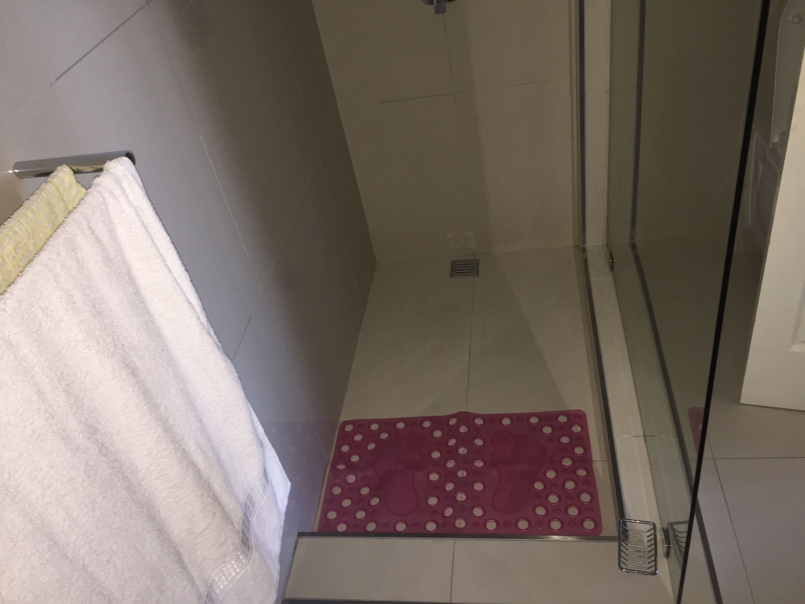 A bathroom with a shower, a towel rack, and a red mat.