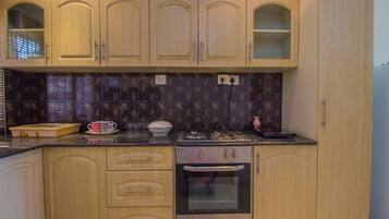 A kitchen with wooden cabinets, a countertop, a stove, and a dishwasher.