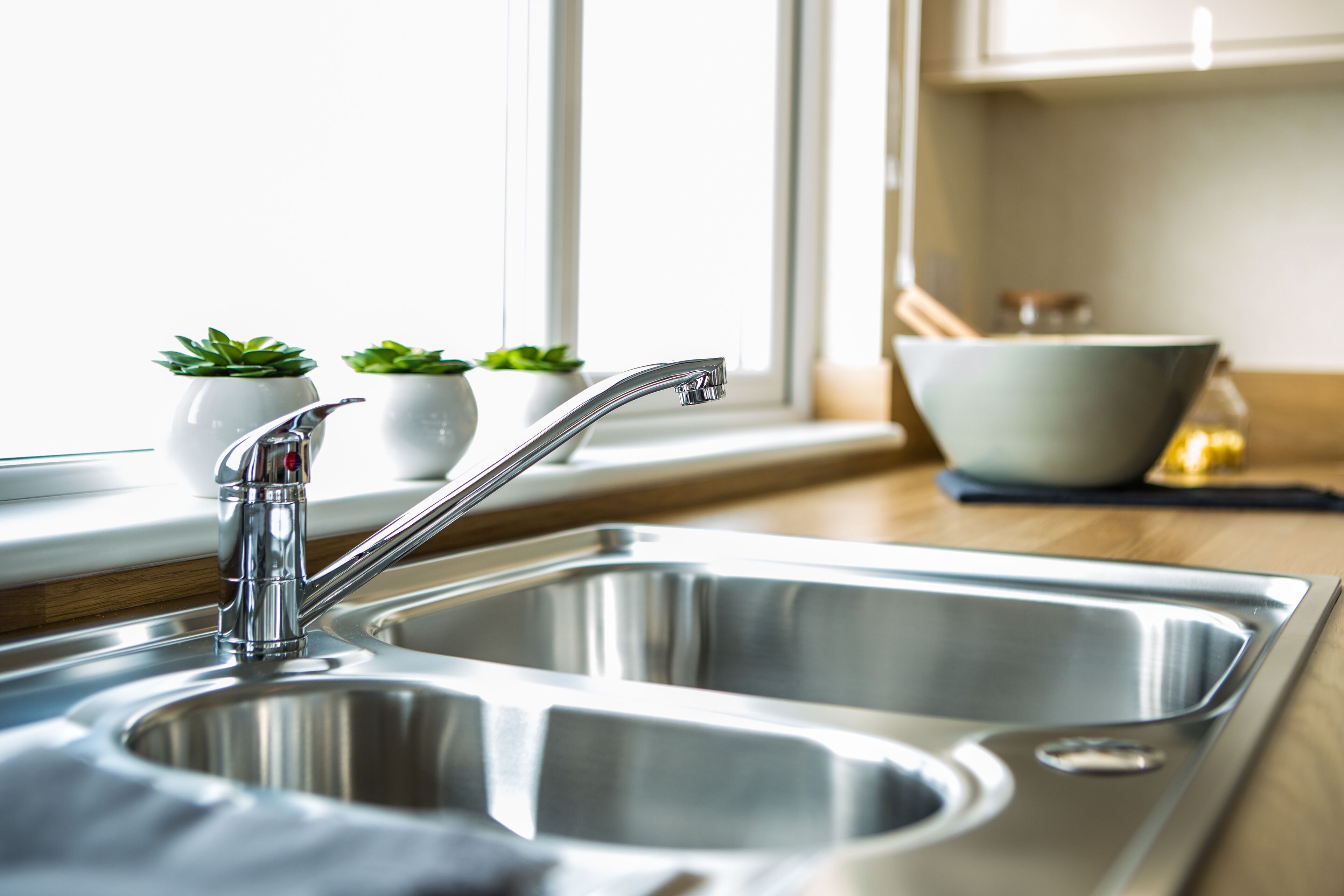 A modern kitchen with a stainless steel sink, two potted plants on the windowsill, and a bowl on the countertop.
