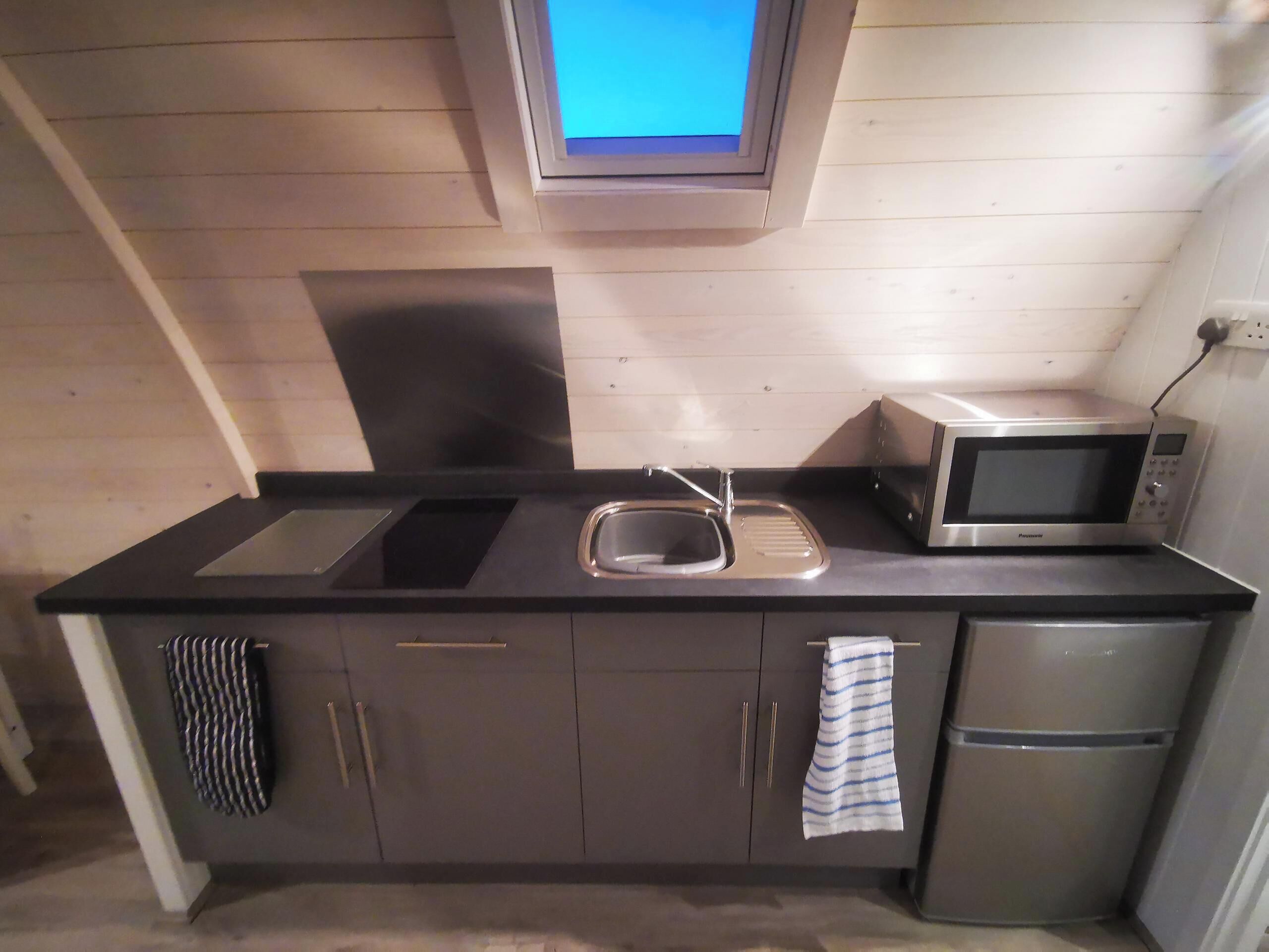 A compact kitchen with a microwave, sink, and a small refrigerator.