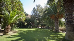 A well-maintained garden with palm trees, a grassy lawn, and a playground structure. - Damnoni Paradise (Agios Vasileios)