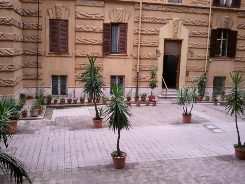 Un patio con plantas en macetas y un edificio con paredes texturizadas y ventanas.