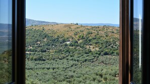 Une vue à travers une fenêtre sur un paysage vallonné, avec une végétation dense et un petit bâtiment au loin.
