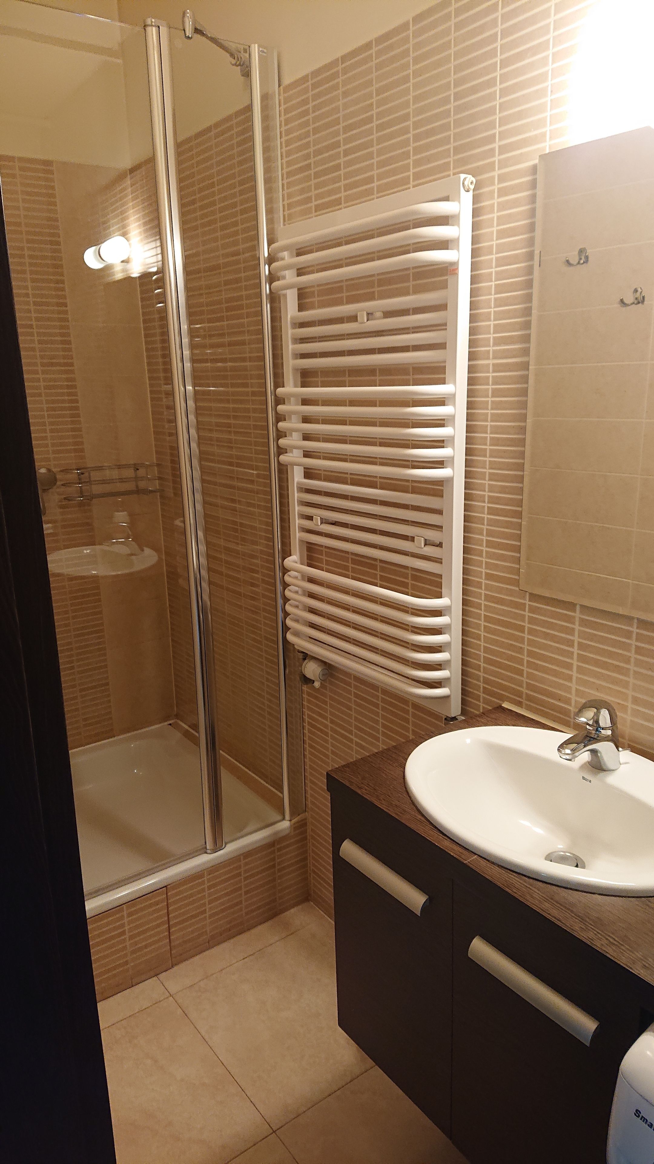 Une salle de bain avec une douche à parois de verre, un porte-serviettes blanc, un lavabo avec un miroir et un meuble avec un tiroir.