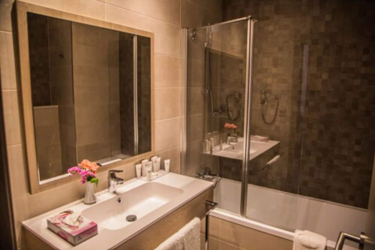 shower, free toiletries, hair dryer, towels