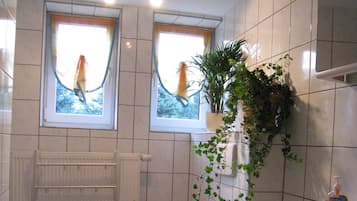 Shower, hair dryer, towels, toilet paper