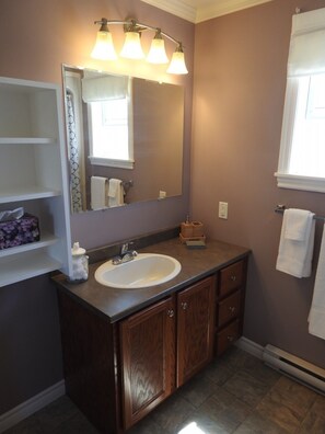 Bathtub, hair dryer, towels, soap