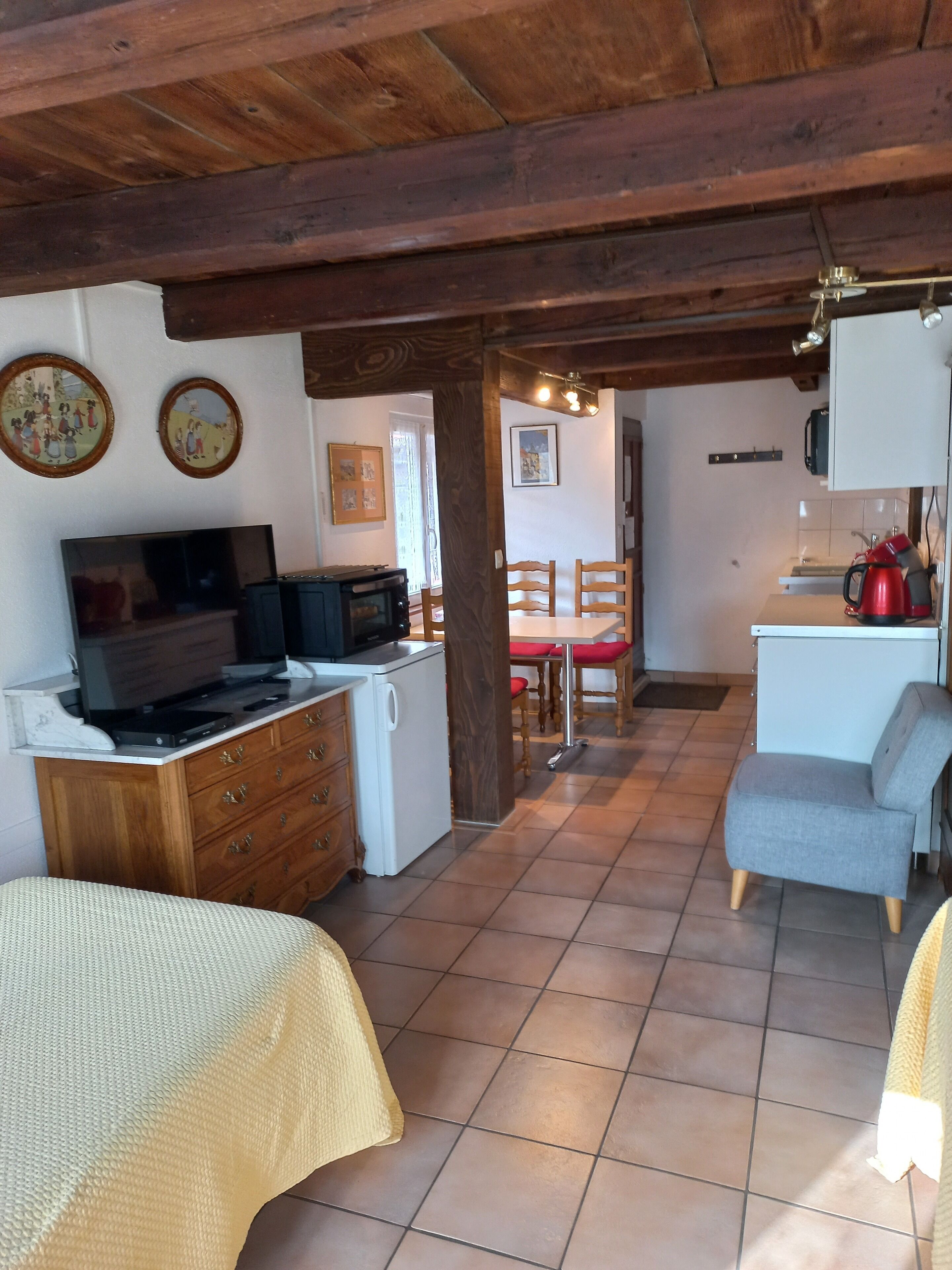 Une chambre confortable avec un lit, une télévision, une petite kitchenette et un coin repas.