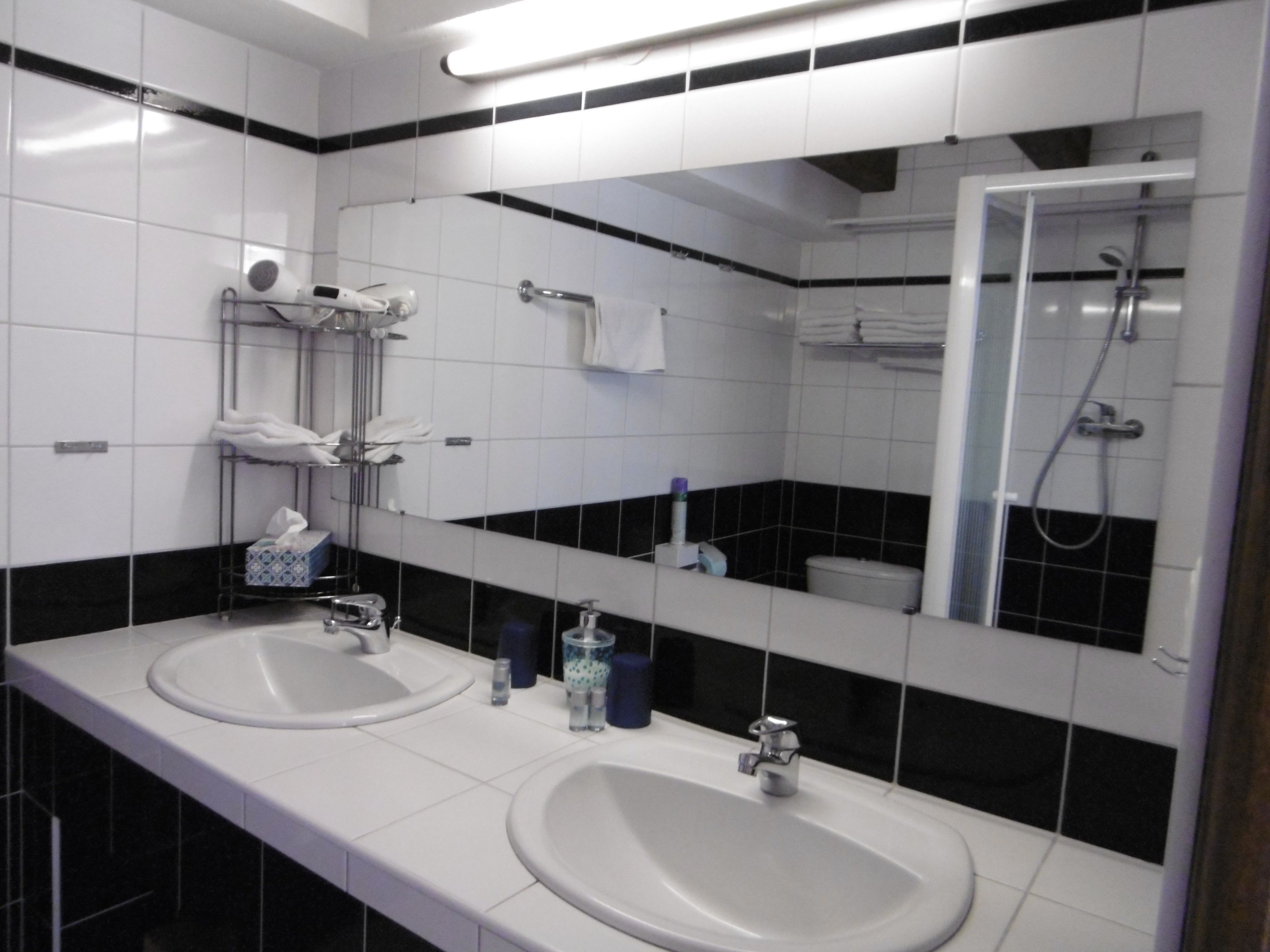 A bathroom with two sinks, a large mirror, and a shower.