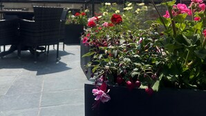 A rooftop terrace with outdoor seating and potted plants.