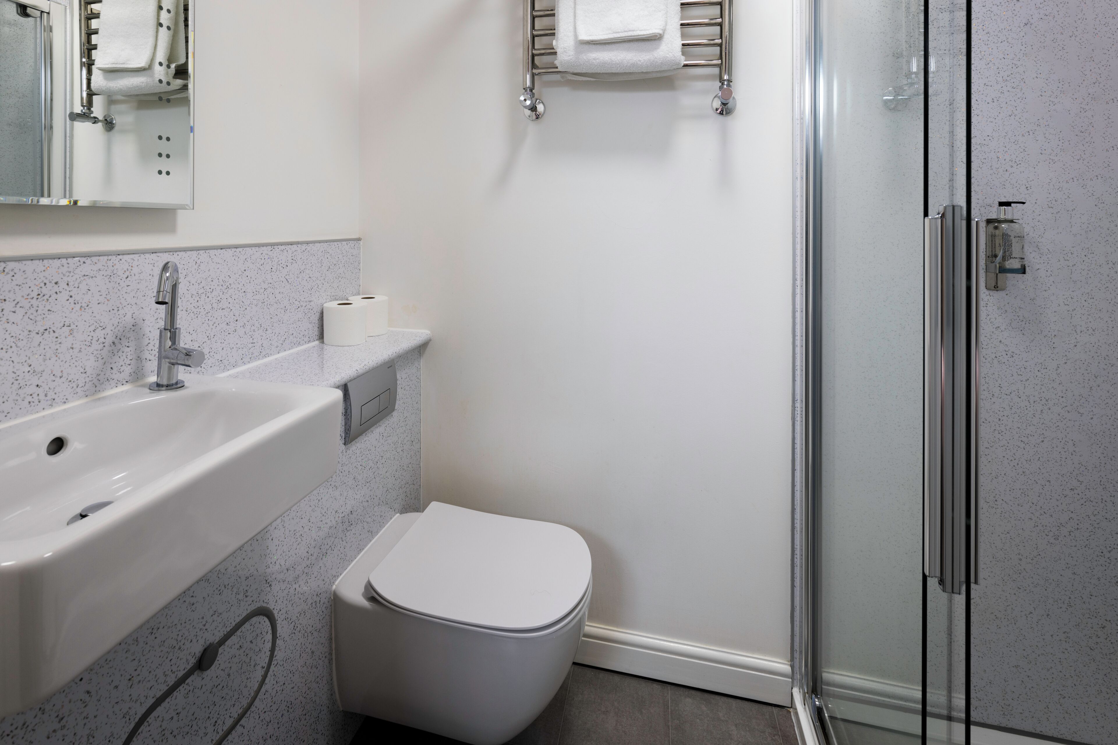 Une salle de bain équipée d’un lavabo, de toilettes et d’une douche à parois en verre.