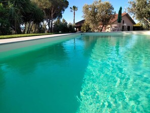 Une piscine aux eaux cristallines, avec une maison en arrière-plan.