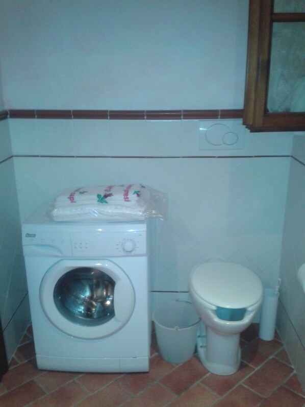 Un espacio pequeño con lavadora y un inodoro.