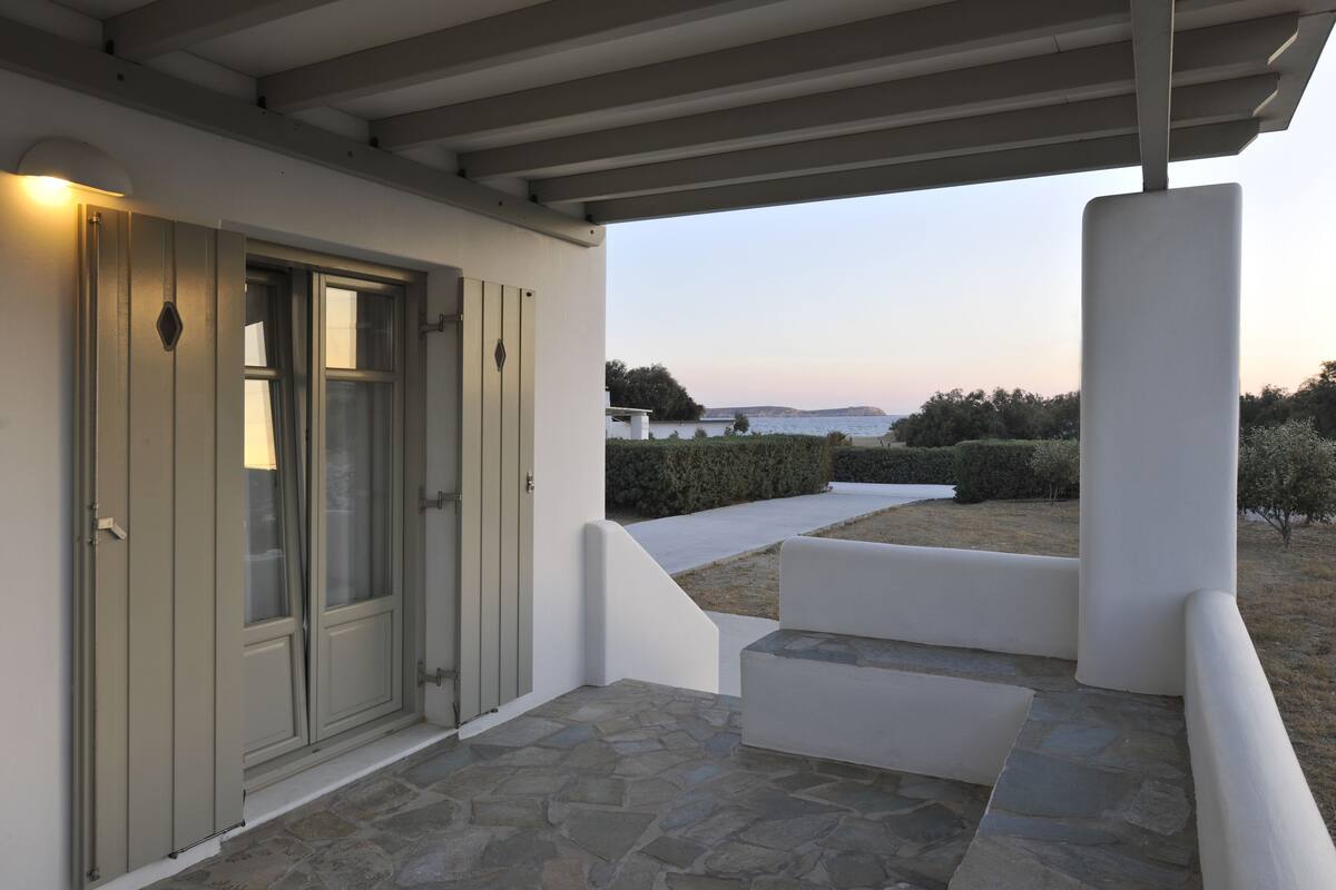 A covered outdoor area with a stone floor, a white wall, and a door with glass panels.
