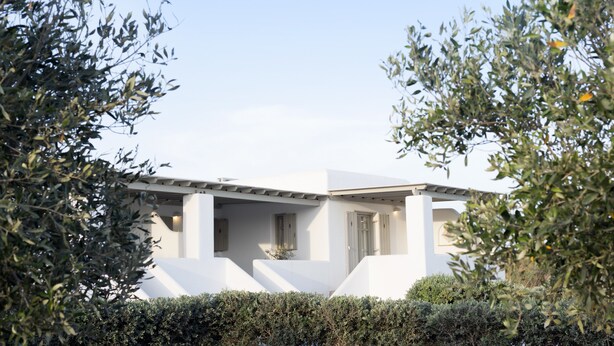 A modern white building with a flat roof, surrounded by dense greenery. - Golden Sand Paros (Paros)