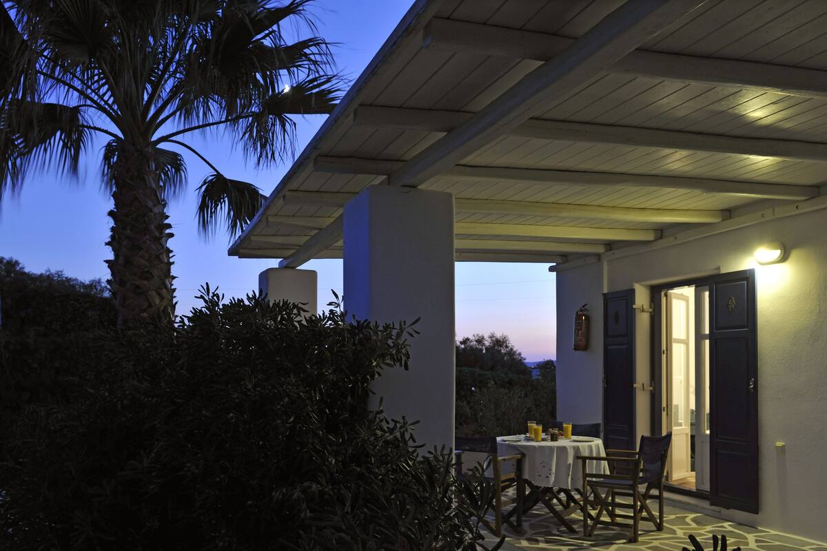 A covered outdoor dining area with a table and chairs, palm trees, and a building with a light on the wall.