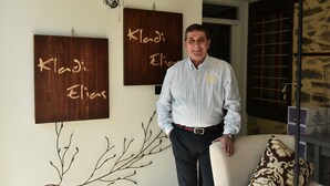 A man standing in a room with two wooden signs on the wall, a decorative branch, and a patterned pillow on a chair. - Culinary Boutique Hotel Kladi Elias (Pangaio)
