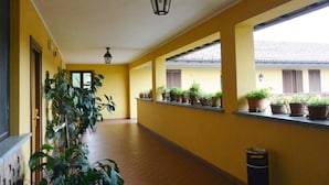 Un pasillo con paredes amarillas, plantas en macetas y un cubo de basura.