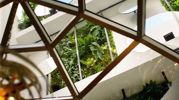 En modern byggnad med en geometrisk glasfasad, flera balkonger och frodiga, gröna växter.