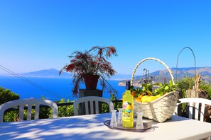 A table with a bottle of Limoncello and a basket of fruit, overlooking a scenic coastal view. - La Rosa del Sud (Sorrento)