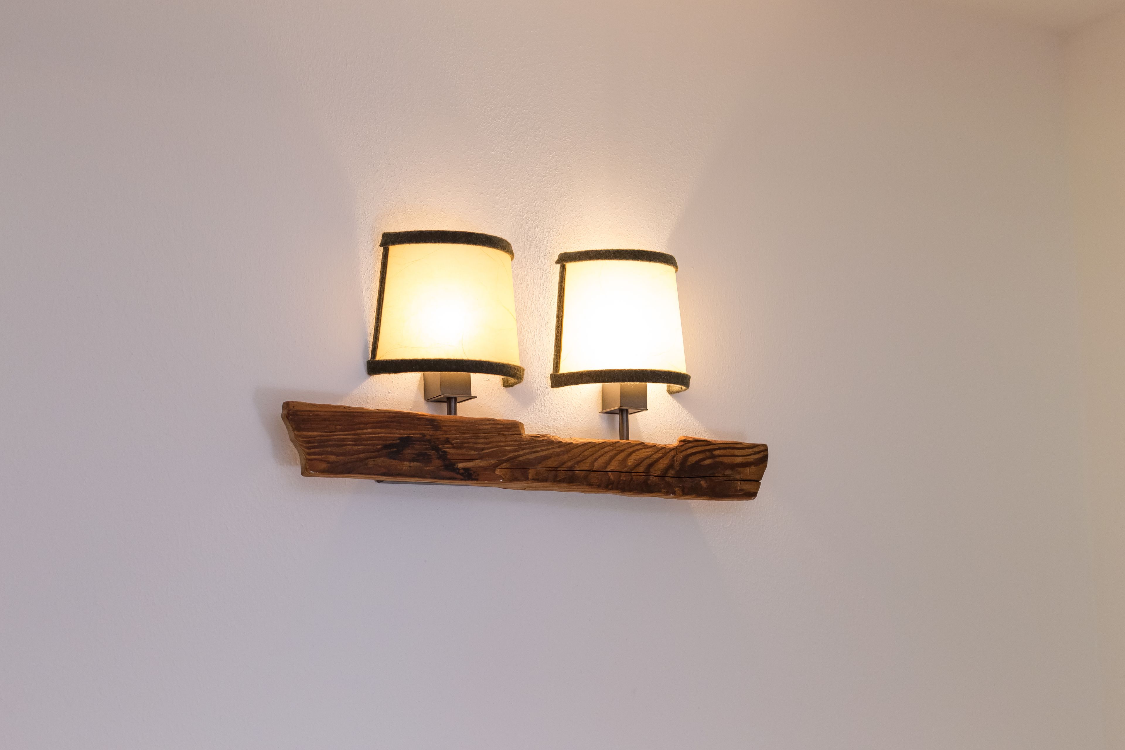 Eine wandmontierte Leuchte mit zwei Lampen auf einem Holzbrett vor einer schlichten Wand.