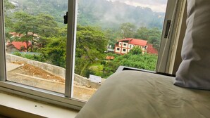 Une chambre dotée d’une grande fenêtre donnant sur un quartier résidentiel, avec des maisons et de la verdure.