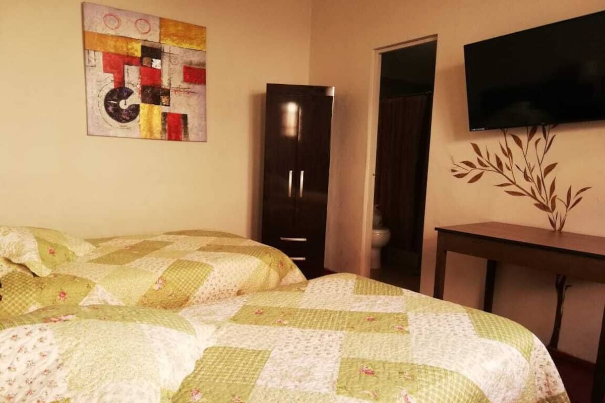 A room with a bed, a wardrobe, a television, and a wall decoration.