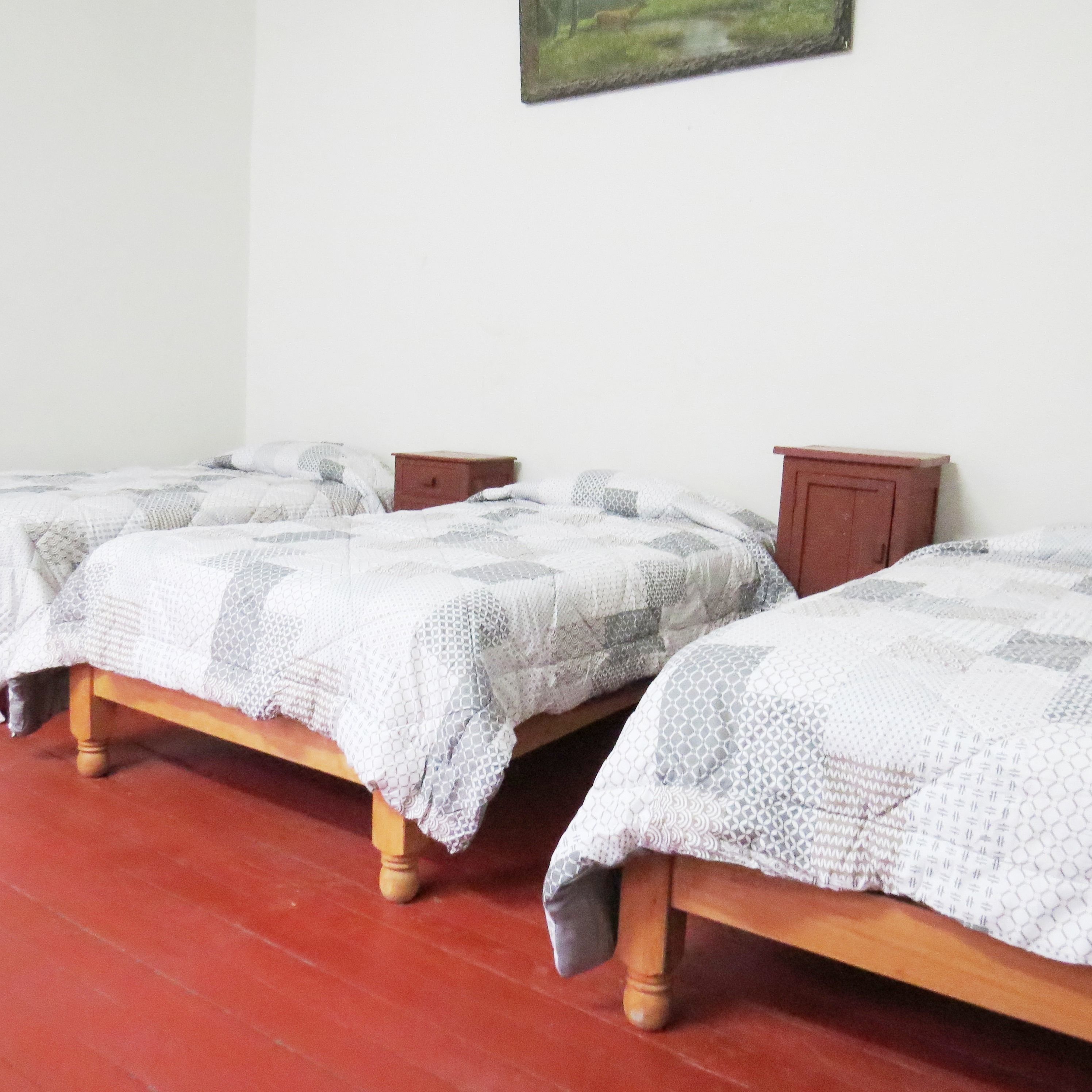 Two single beds with wooden frames and matching nightstands, a red floor, and a plain white wall with a painting.