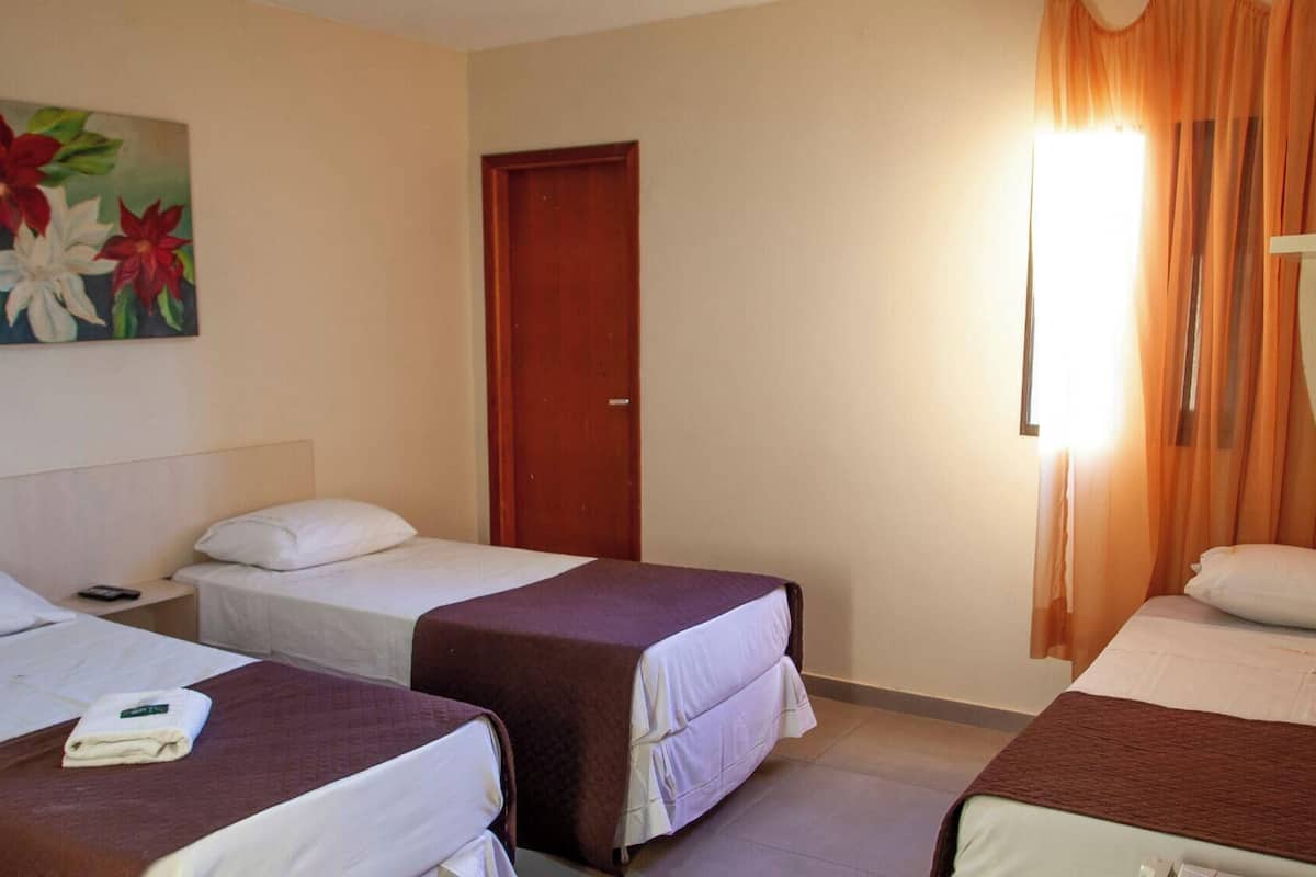 Quarto de hotel com duas camas individuais, um quadro de flores na parede, uma porta de madeira e uma janela com cortinas.