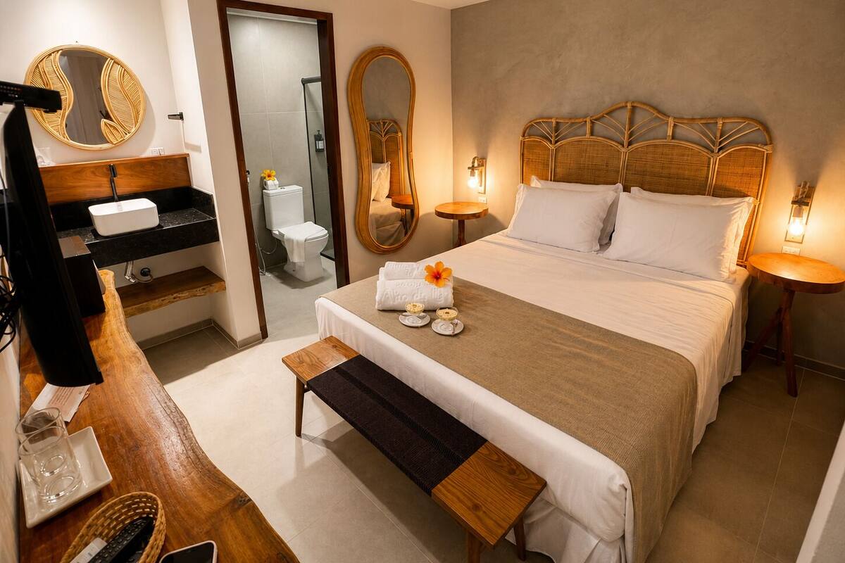 Ein Hotelzimmer mit Bett, Nachttischen, Schminktisch mit Spiegel, Badezimmer mit Toilette und Waschbecken sowie einer hölzernen Bank.