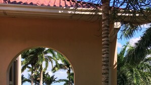 A view through an arched window of a building with a red-tiled roof, palm trees, and a clear blue sky.
