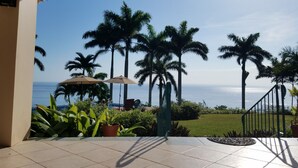 A patio with a view of the ocean, palm trees, and a staircase leading to a covered area.