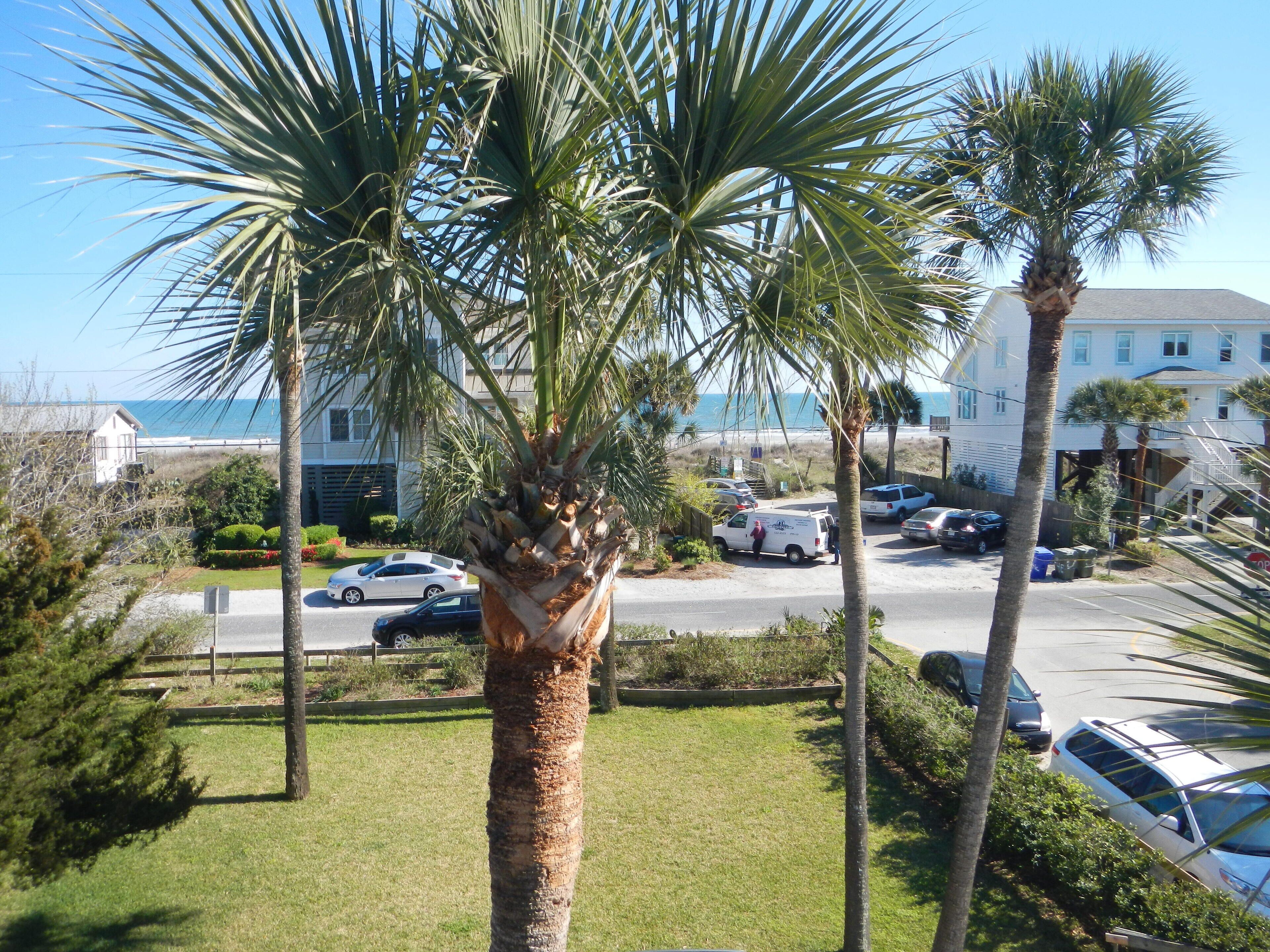 A residential area with palm trees, a parking lot, and a building with a visible staircase.