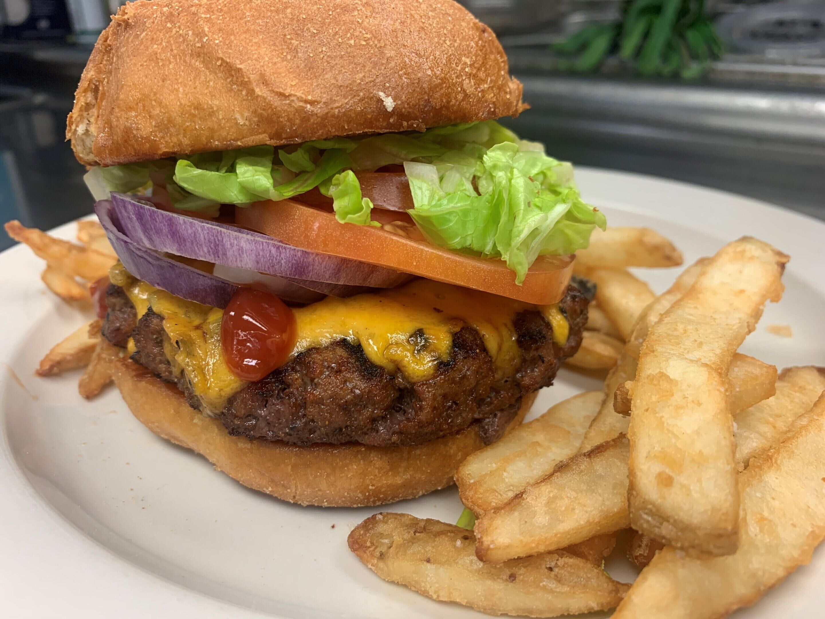 Ein Hamburger mit Salat, Tomate und Käse, dazu Pommes auf einem weißen Teller.